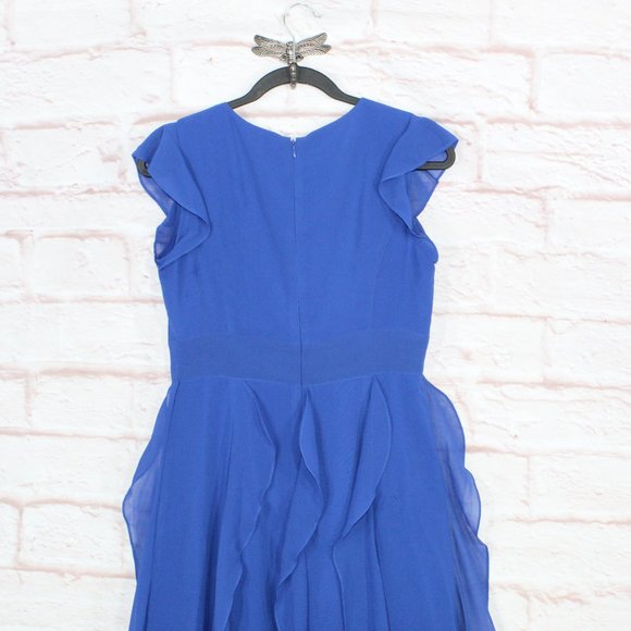 Lace & Mesh Blue Polyester Lined V-Neck Cap Sleeve Ruffled Long Dress Size M - Picture 7 of 10